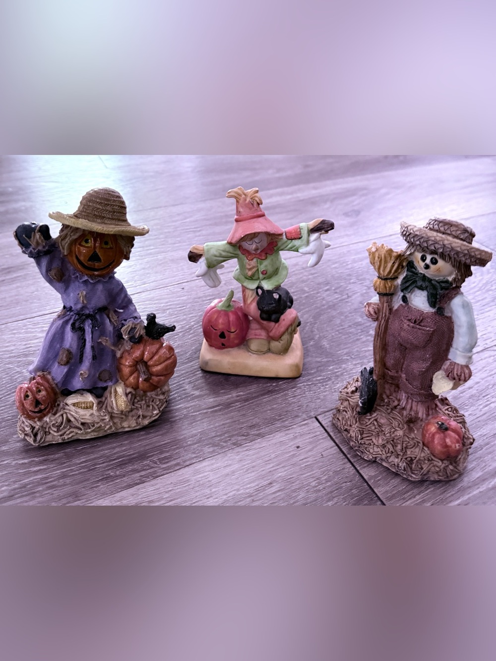 Vintage K's Collection Scarecrow Figurine Lot 3pc Fall Halloween Resin Decor